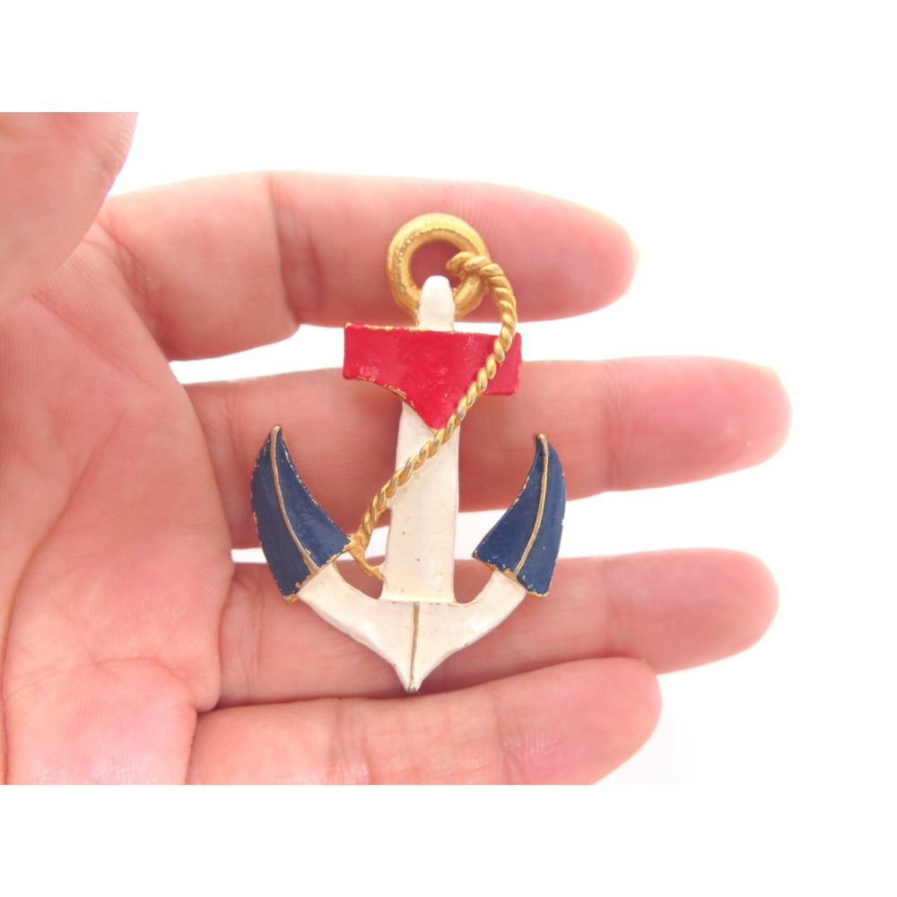 Vintage Signed LJM Red White Blue‎ Enamel Anchor Gold Plated Brooch Pin Pendant